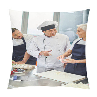Personality  Joyful Mature Chief Cook Smiling At His Interracial Chefs While They Baking Together, Confectionary Pillow Covers