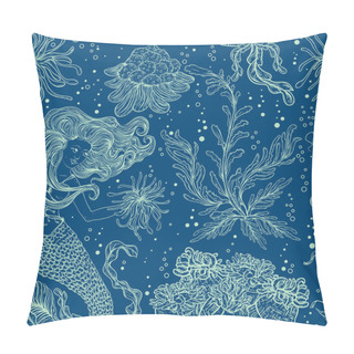 Personality  Mermaid, Marine Plants, Corals And Seaweed. Vintage Seamless Pattern With Hand Drawn Marine Flora. Vector Illustration In Line Art Style.Design For Summer Beach, Decorations. Pillow Covers