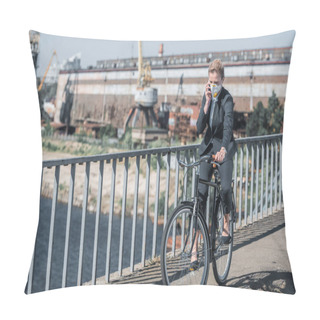 Personality  Businesswoman In Protective Mask Riding Bicycle On Bridge And Talking By Smartphone, Air Pollution Concept Pillow Covers