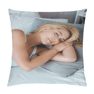 Personality  High Angle View Of Beautiful Smiling Young Woman Sleeping In Bed Pillow Covers