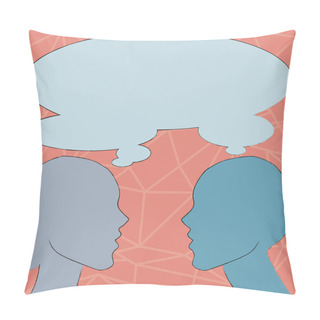 Personality  Illustration Of Man And Woman Colorful Silhouette Side View Profile Figure With Shared Thought Speech Bubble. Creative Background Idea For Same Beliefs, Principles And Partnership. Pillow Covers