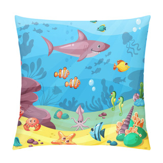 Personality  Underwater Life. Wild Animals In Ocean Or Sea Water Flowing Big Small Fishes Seaweed Corals Seashells. Vector Background Pillow Covers