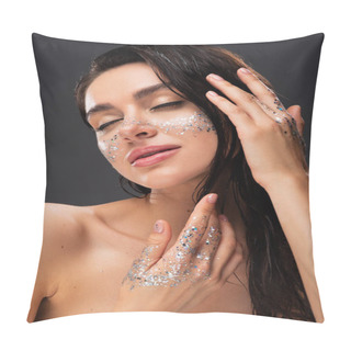 Personality  Young Brunette Woman With Sparkling Glitter On Cheeks And Hands Isolated On Grey Pillow Covers