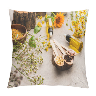 Personality  Selective Focus Of Wildflowers, Herbs, Bottles And Pills In Wooden Spoons On Concrete Background, Naturopathy Concept Pillow Covers
