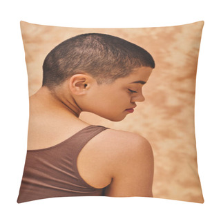 Personality  Natural Look, Self-acceptance, Young Woman With Short Hair Posing On Mottled Beige Background, Individuality, Modern Generation Z, Beauty And Confidence, Body Positivity, Self Love Pillow Covers