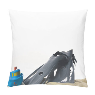 Personality  Flippers And Toy Boat In Sand Isolated On White Pillow Covers
