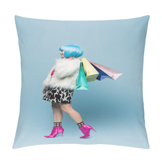 Personality  Side View Of Asian Woman In Pop Art Style Holding Shopping Bags And Smiling On Blue Background  Pillow Covers