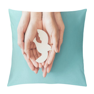 Personality  Adult And Child Hands Holding White Dove Bird On Blue Background Pillow Covers