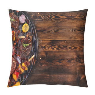 Personality  Top View Of Fresh Meat And Vegetable On Grill Placed On Wooden P Pillow Covers