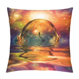 Personality  Hands Hold Glass Sphere With Man Figure. Vivid Universe With Galaxies Pillow Covers