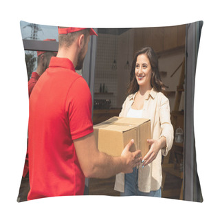 Personality  Delivery Man Giving Cardboard Box To Happy Woman  Pillow Covers