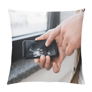Personality  Cropped View Of Businessman Touching Smashed Touchscreen Of Smartphone On Blurred Background Pillow Covers