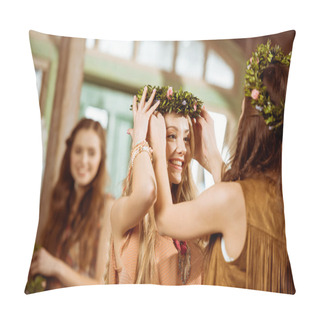 Personality  Bohemian Women Wearing Floral Wreaths Pillow Covers