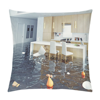 Personality  Flooding Kitchen Interior. 3d Rendering Concept Pillow Covers