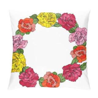 Personality  Vector Roses. Floral Botanical Flowers. Wild Spring Leaves. Red, Pink And Yellow Engraved Ink Art. Frame Border Ornament Wreath. Pillow Covers