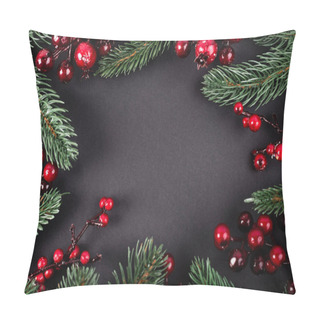Personality  Top View Of Red Artificial Berries And Pine Branches On Black Background, New Year Concept Pillow Covers