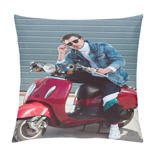 Personality  Handsome Young Man On Vintage Red Scooter Looking At Camera Pillow Covers