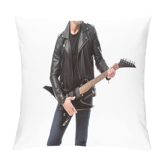 Personality  Cropped View Of Adult Man In Leather Jacket Holding Electric Guitar Isolated On White Pillow Covers