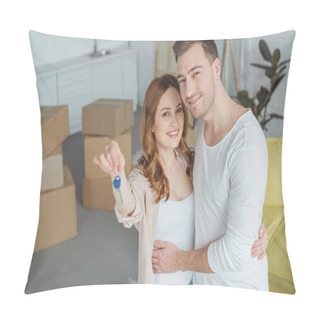 Personality  Happy Young Couple Smiling At Camera While Holding Key From New Apartment Pillow Covers