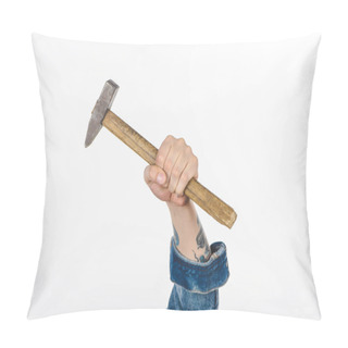 Personality  Cropped Image Of Male Hand Holding Hammer Isolated On White Pillow Covers