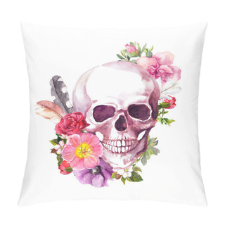 Personality  Human Skull With Flowers, Feathers In Vintage Boho Style. Watercolor Pillow Covers