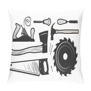 Personality  Carpentry, Joinery Icons. Set Of Tools Such As Axe, Hacksaw, Hammer, Planer, Disc Circular Saw, Cutters. Vector Illustration Pillow Covers
