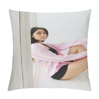 Personality  Young Armenian Woman In White Shirt And Black Mini Skirt Sitting On Floor And Looking At Camera Pillow Covers
