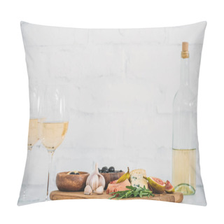 Personality  Close-up View Of Glasses And Bottle Of Wine And Delicious Snacks On Table Pillow Covers