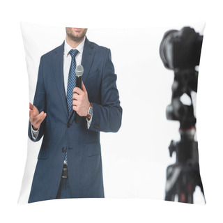Personality  Cropped View Of Smiling News Anchor With Microphone Near Digital Camera Isolated On White, Blurred Foreground Pillow Covers