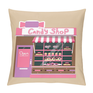 Personality  Vector Modern Candy Shop Detailed Facade Background In Flat Style Pillow Covers