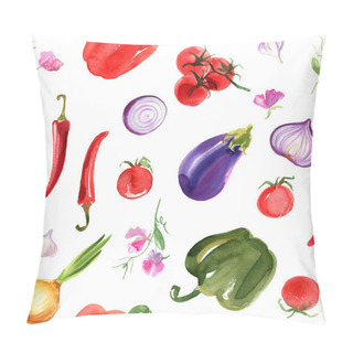 Personality  Pattern Vegetables. Eggplant, Tomatoes, Peppers, Onions, Sweet Peas Watercolor Drawing On A White Background. Drawing Of The Paints Of Food. Pillow Covers