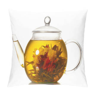Personality  Exotic Green Tea With Flowers In Glass Teapot Isolated On White Pillow Covers