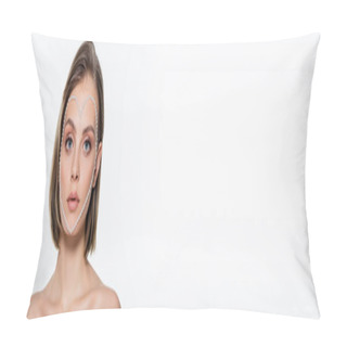 Personality  Pretty Young Woman With Creative Heart Shape Beads Around Face Isolated On White, Banner Pillow Covers