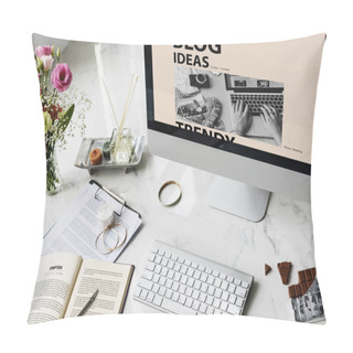 Personality  Workplace Table With Computer Monitor Pillow Covers