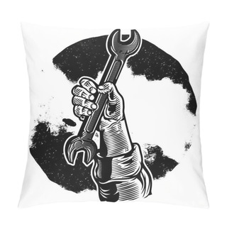 Personality  Vector Raised Hard Clenched Fist With Wrench Vintage Illustration Pillow Covers