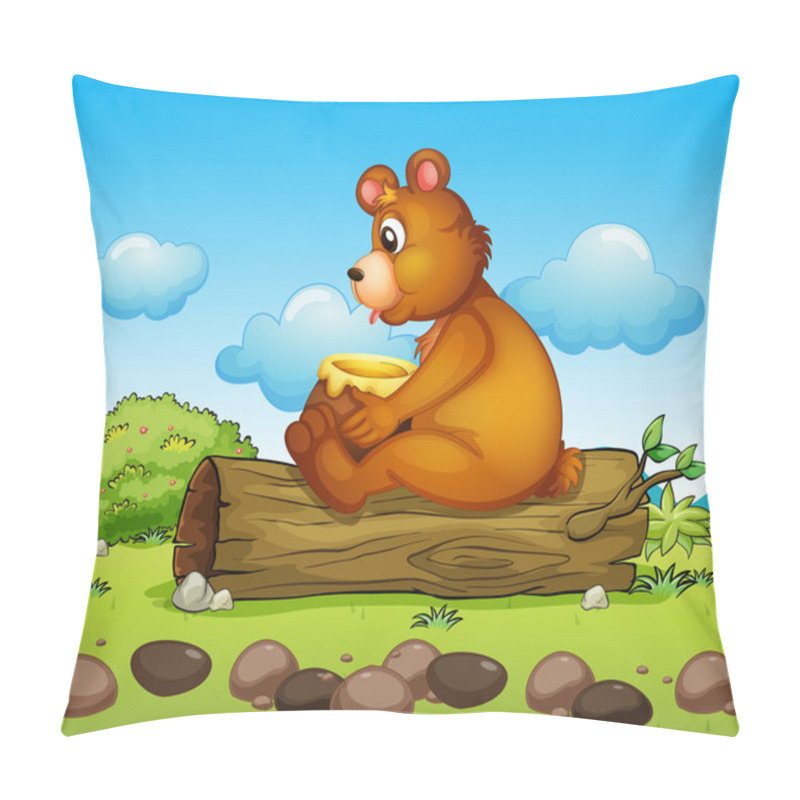 Personality  A bear sitting down on the trunk of a tree pillow covers