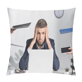 Personality  Tired Businessman Looking At Camera Near Colleagues With Paper Folders And Smartphone In Office  Pillow Covers