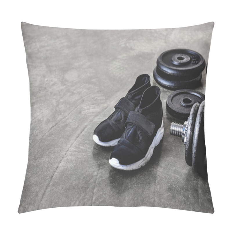 Personality  Close-up Shot Of Weight Plates And Sneakers On Concrete Floor Pillow Covers