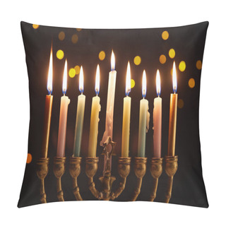 Personality  Burning Candles In Menorah On Black Background With Bokeh Lights On Hanukkah Pillow Covers