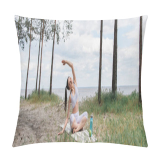 Personality  Young Woman Sitting With Crossed Legs And Stretching In Forest, Banner Pillow Covers