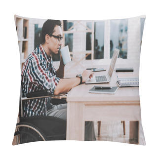 Personality  Young Disabled Man On Wheelchair Working At Home. Man On Wheelchair. Disabled Guy. Checkered Shirt. Wooden Table. Wooden Shelf. Freelancer At Home. Worker On Wheelchair. Work For Disabled Man. Pillow Covers