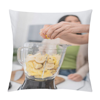 Personality  Mature Woman Squeezing Lemon While Preparing Fruit Smoothie With Friend In Kitchen  Pillow Covers