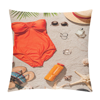 Personality  Top View Of Stylish Red Swimsuit With Various Accessories On Sandy Beach Pillow Covers