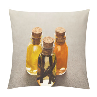 Personality  Glass Bottles Of Essential Oil With Cut Fruits And Spicy On Dark Surface Pillow Covers