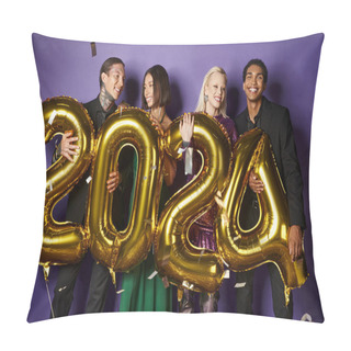 Personality  New Year Party, Joyous Interracial Friends In Suits And Dresses Holding Balloons With Numbers 2024 Pillow Covers