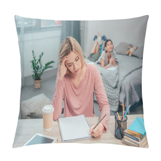 Personality  Young Bored Woman Studying Pillow Covers