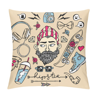 Personality  Hipster Set. Young Man, Headphones, Sneakers, Glasses, Pizza Slice. Isolated Vector Objects. Pillow Covers