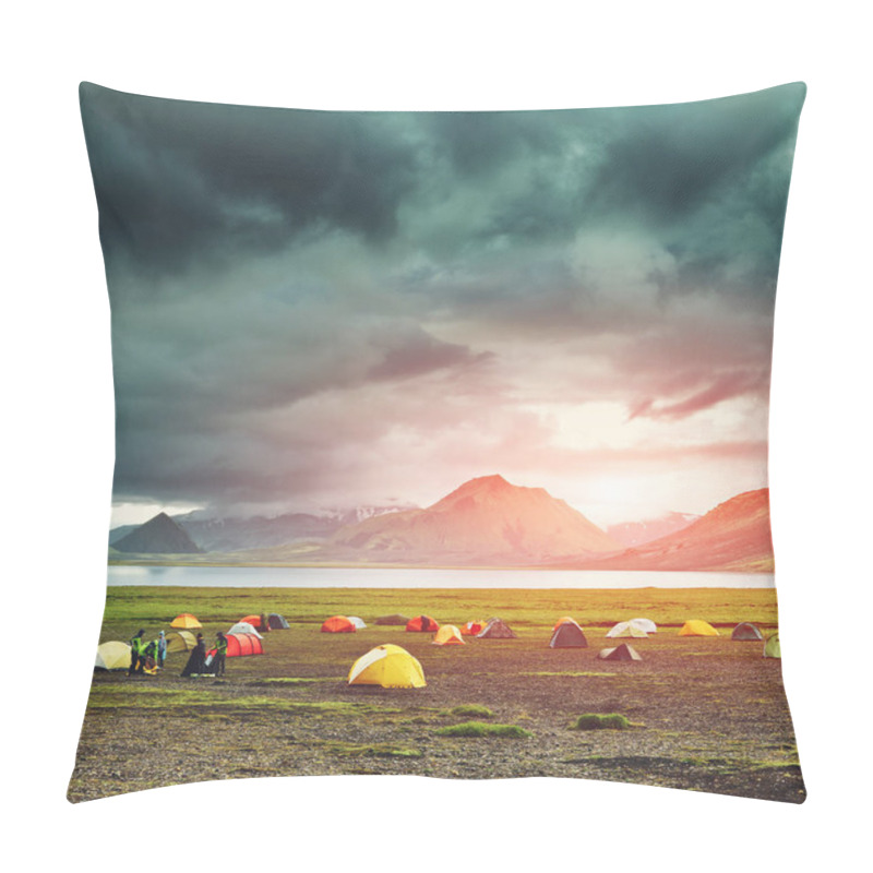 Personality  trekking in Iceland. camping with tents near mountain lake pillow covers