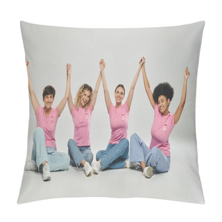 Personality  Excited Interracial Women Different Age Holding Hands On Grey Backdrop, Breast Cancer Awareness Pillow Covers
