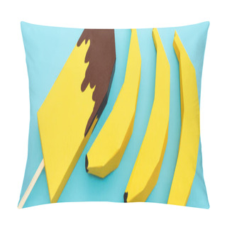 Personality  Top View Of Paper Yellow Bananas And Ice Cream On Blue Background, Panoramic Shot Pillow Covers